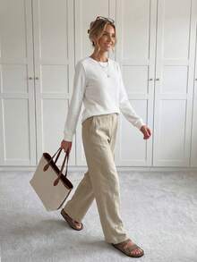 SHEIN LUNE Women's Basic Style Asymmetrical Hem Waffle Texture Casual Comfortable Sweatshirt,Long Sleeve Tops Graduation,Back To School Outfits,Graduation,Teacher Outfits For Women,Back To School In Fall/Winter - White - View 3