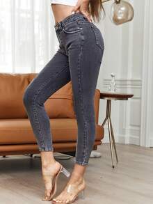 SHEIN PETITE 素色拉鏈門襟緊身牛仔褲 - 深灰色 - 查看 3
