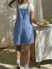 SHEIN 少女宽松蓝色牛仔背带短裤 - 淺色水洗藍 - 查看 5