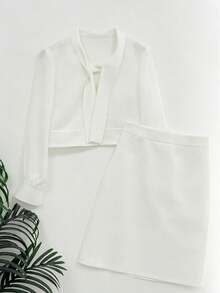 DAZY Women's Elegant Commuter Solid Color Tie Collar Blouse And Skirt 2 Pieces Set - White - View 3