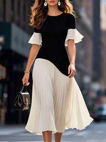 Editum 女士优雅撞色圆领荷叶边短袖拼接腰部褶皱雪纺连衣裙，精致旅行连衣裙、通勤连衣裙、约会连衣裙 - 黑與白 - 查看 1