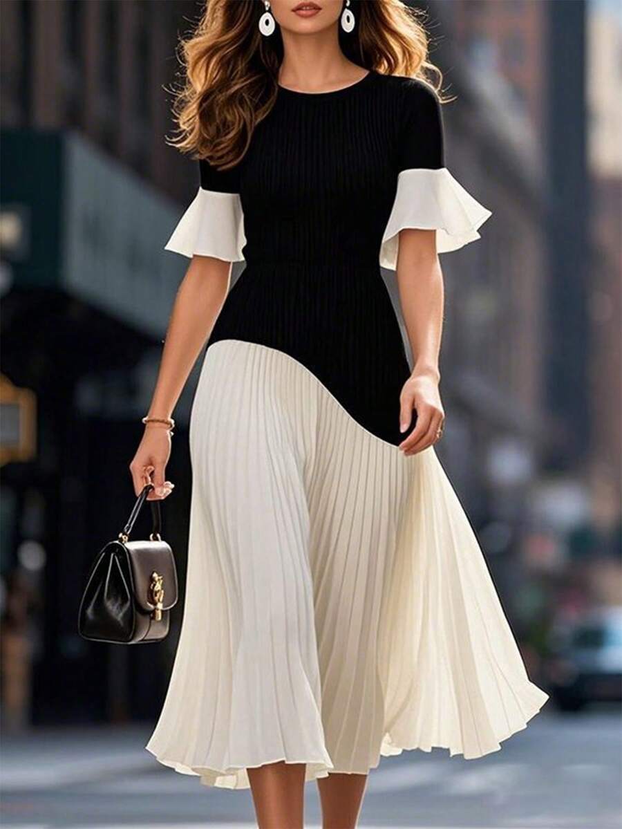 Editum 女士优雅撞色圆领荷叶边短袖拼接腰部褶皱雪纺连衣裙，精致旅行连衣裙、通勤连衣裙、约会连衣裙 - 黑與白 - 查看 1