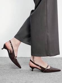 CUCCOO BIZCHIC Giày sandal cao gót mũi nhọn bằng da bóng màu nâu cà phê dành cho nữ, có quai hậu, khóa cài, thích hợp đi làm hàng ngày. - Cà phê nâu - Xem 4
