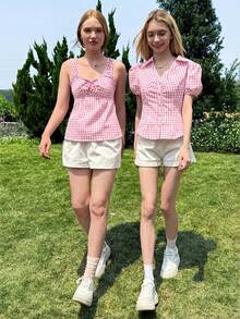 CovetEZ Women's Summer Casual Holiday Pink & White Plaid Short Petal Sleeve Single-Breasted Lapel Waist Casual Shirt - Pink - View 5