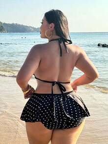 Women's 2-Piece Swimsuit Set: Polka Dot Print Spaghetti Strap Top And Contrasting Ruffle Bikini Bottom - Black - View 2