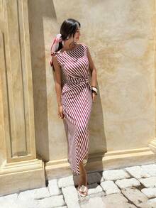 Serisse Women's Striped Metal Decor Cinched Waist Maxi Dress,Elegant White Summer Casual Brunch Party Dress,French Brown Off-Shoulder Knit Long Beach Dress - Brown - View 8