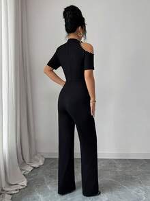 Elenzya Mono elegante de mujer con hombros descubiertos y decoración de perlas falsas, adecuado para primavera, verano y otoño, para uso diario, ir al trabajo y citas - Negro - Ver 2