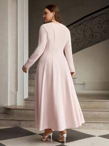ZEYLAH Elegant Round Neck Pearl Decor Long Sleeve Fit & Flare Dress, Spring/Summer - Pink - View 3