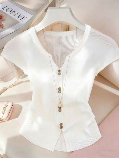 GlowEve 女士休闲纯色V领T恤，夏季百搭