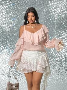 Viva Relle Plus Size Elegant Solid Color Ruffle Asymmetric Collar Long Sleeve Blouse - Pink - View 5