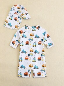 男婴卡通汽车印花泳衣，配遮阳帽 - 彩色 - 查看 2