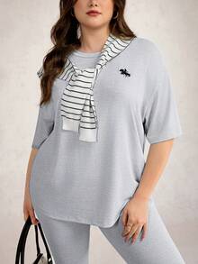SHEIN LUNE 优雅女士两件套秋季女装大码女装黑白条纹露肩T恤和打底裤休闲套装女装两件套机场女装套装黑色两件套旅行装机场得体 - 灰色 - 查看 11