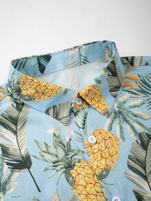 Manfinity RSRT Bộ áo sơ mi tay ngắn cài cúc phía trước in hình cây cỏ và trái cây, gồm áo và quần short màu trơn. - Màu xanh lam - Xem 4