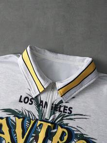 PAVTROS 男士街头风美式复古度假风短袖T恤，Polo领半开襟设计，休闲风格，加州夏日轻松氛围图案设计，适合日常出行、轻度社交场合、户外休闲、街头时尚穿搭、节日礼物、男友礼物 - 白色 - 查看 5