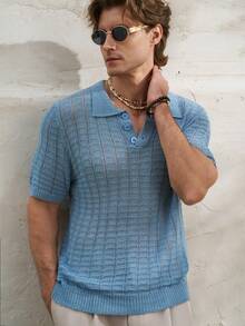 TONEVAULT Men's Solid Color Polo Collar Short Sleeve Casual Knit Top, Spring/Summer - Blue - View 1