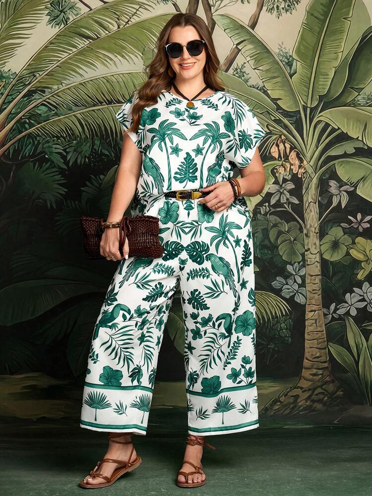 Plus Size Women's Floral & Coconut Tree Print Round Neck Short Sleeve Top And Wide Leg Pants Casual 2-Piece Set Summer Outfits Beach Vacation Outfits For Women BOHO Clothes Women Vacation Outfit Sets Holiday Outfits For Women Women's Summer Outfits Resort Vacation Outfits Women Cruise Outfit For Women Resort Wear Summer Outfits For Women Beach Outfit For Women Casual Vacation Outfits Women Country Concert Outfit Peplum