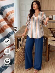 Breezaya Set de 2 piezas Traje de mujer talla grande con cuello entallado, mangas con botones y estampado floral de color contrastante - Multicolor - Ver 1