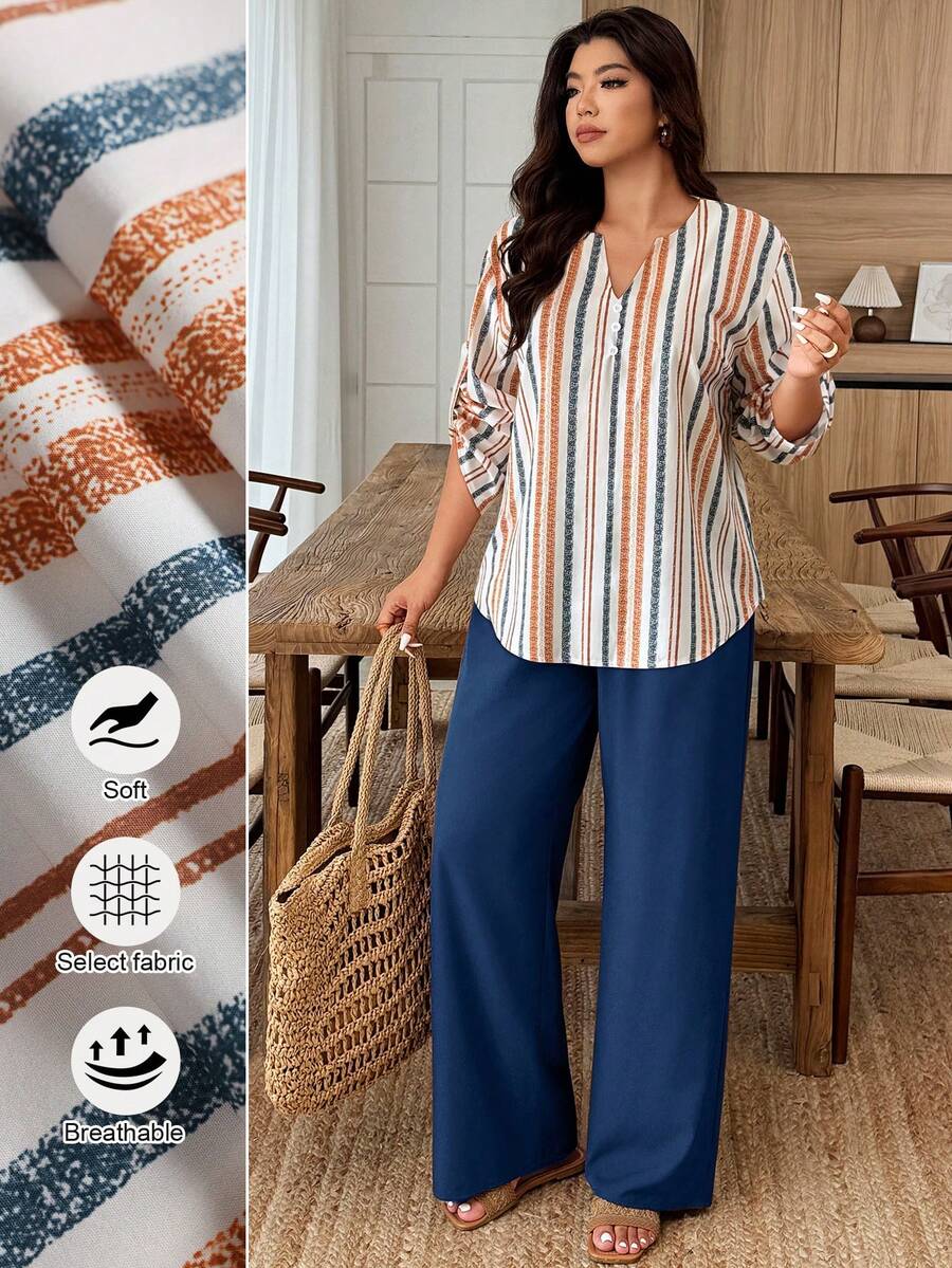 Breezaya Set de 2 piezas Traje de mujer talla grande con cuello entallado, mangas con botones y estampado floral de color contrastante - Multicolor - Ver 1