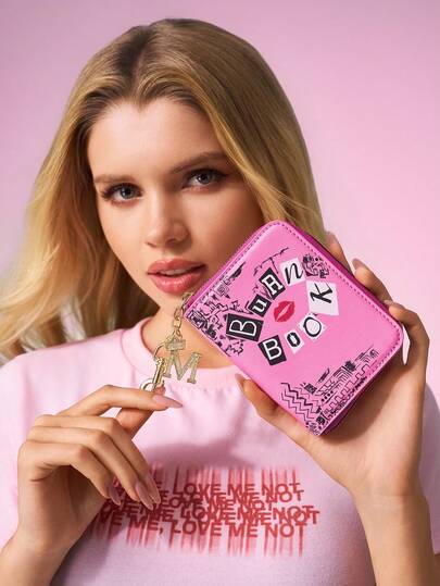 Mean Girls | SHEIN 1 Piece Cute Cartoon Pattern Printed Zipper Pu Leather Short Wallet, Organ Compartment, Card Storage, Suitable For Teenagers And Ladies, Burning Book
