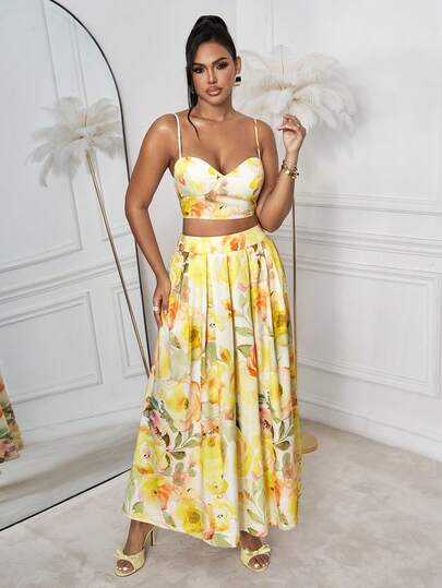 Slaydiva New Spring, Spring, Summer, Music Festival, Valentine's Day, Easter, Wedding Season, Holiday Season, Beach Vacation, Casual, Elegant, Commuting, Daily Wear, Work Wear, Vacation, Party, Cruise, Party, Basic, Daily Date, Heart-Neck, Button-Back, Cup-Shaped Short Vest + Umbrella Skirt, Pleated Skirt, Long Skirt, Full Yellow Rose Floral Print Set, Women's Two Pieces Set -A