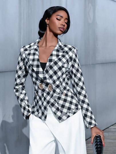 Mima John Women's Vintage Black And White Plaid Lapel Long Sleeve Conch Metal Double-Breasted Waist Elegant Suit Jacket, Fall Clothes For Women ,New Year Women's Clothes,Old Money Style Women