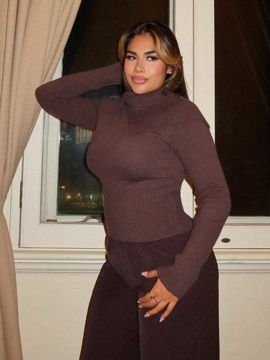 Maria Perezxox 女士高领紧身长袖毛衣，咖啡棕色，秋冬款 - 咖啡棕 - 查看 1