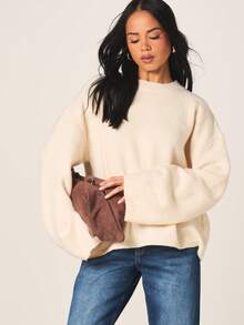 MISSGUIDED Women's Oversized Crew Neck Long Sleeve Fuzzy Knit Sweater Cozy Winter Fall Casual Pullover - Light Yellow - View 1