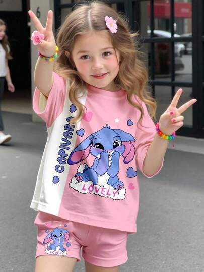 SHEIN Happikins Young Girl Casual Simple Cute Cartoon Blue Rabbit Design Short Sleeve Top And Shorts 2 Pieces Set, Suitable For Summer