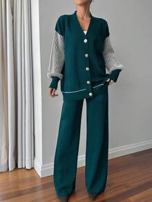 EURMUSE Dropped Shoulder Long Sleeve Loose Casual Front Button Striped Cardigan And Pants Set - Dark Green - View 5