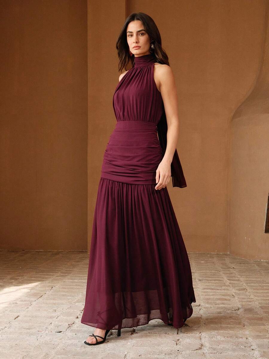 Anewsta Women's Long Dress, Halter Neck, Cold-Shoulder Design, Waist Ruched, Flowy Skirt, Elegant For Party & Holiday - Burgundy - View 1