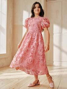 Đầm chữ A tay cánh hoa cổ tròn, chất liệu ren tan trong nước của Anewsta Girls, thích hợp cho mùa Xuân/Hè. - Hồng - Xem 3