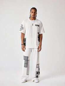 Tetris™ X SHEIN 男士休闲几何印花T恤和裤子套装，夏季 - 米色 - 查看 3