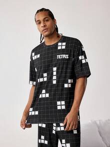 Tetris™ X SHEIN 男士圆领格子字母印花短袖上衣和裤子休闲家居服套装 - 黑色 - 查看 5