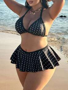 Women's 2-Piece Swimsuit Set: Polka Dot Print Spaghetti Strap Top And Contrasting Ruffle Bikini Bottom - Black - View 7