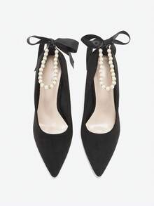 秋冬季时尚仿珍珠蝴蝶结尖头高跟鞋，适合婚礼季、优雅派对等场合 - 黑色 - 查看 3
