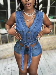 Slaydiva Women's V-Neck Single-Breasted Tie-Waist Casual Denim Vest Jacket - Black - View 4