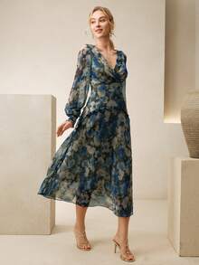 Anewsta Đầm dài tay in hoa, cổ chữ V, eo nhún bèo, xẻ tà, thanh lịch và sang trọng dành cho nữ, màu xanh dương. - Màu xanh lam - Xem 5