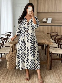 Breezaya Plus Size Women's 1pc Linen-Like Texture Floral Print Loose Casual Dress With Faux Wood Button Decor, Suitable For Spring/Summer, Home, Commute Fall - Multicolor - View 5