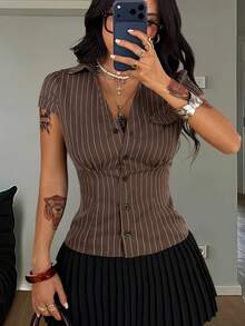 Coolane 女士春夏街头风返校复古商务休闲办公休闲时尚条纹短袖棕色衬衫 - 棕色 - 查看 6