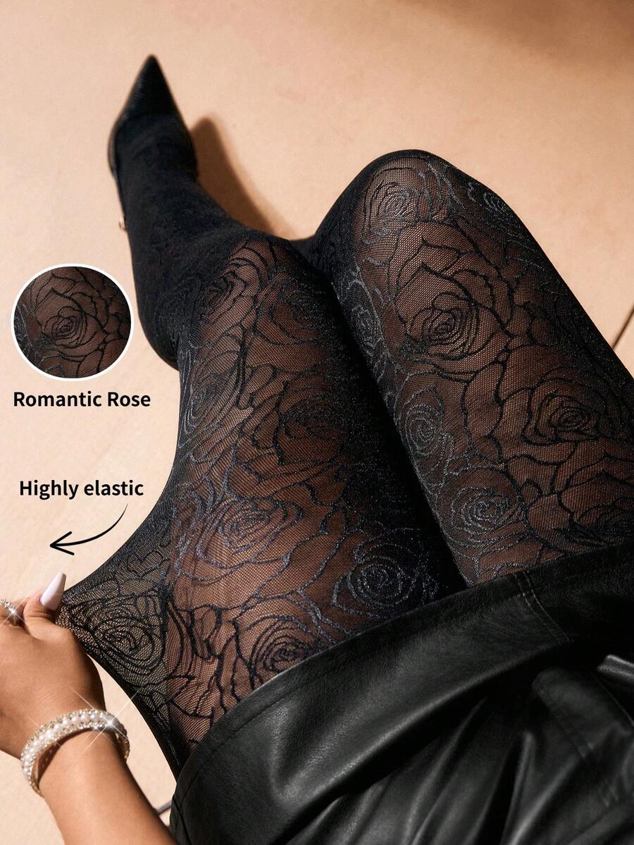 Cravure Quần tất nữ cỡ lớn họa tiết hoa hồng gợi cảm lãng mạn dành cho buổi hẹn hò. - màu đen - Xem 1