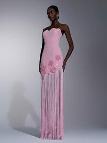 Elitara 优雅奢华的白色和浅粉色波浪纹弹力针织拼接长裙，饰有手工串珠流苏和3D立体花卉装饰，适合派对、约会、度假、婚礼、正式场合、晚宴等场合（做工精良） - 淺粉色 - 查看 4