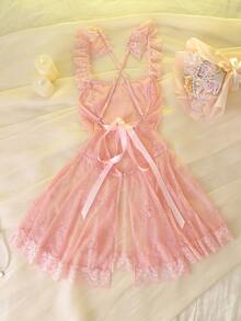 粉色蕾丝交叉露背吊带睡裙，3D荷叶边蝴蝶结薄纱工艺 - 藕粉色 - 查看 2