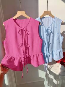 Comfortcana 2pcs Women's Summer Vacation Fuchsia & Blue Striped Tie Front Sleeveless Blouse Set - Multicolor - View 4
