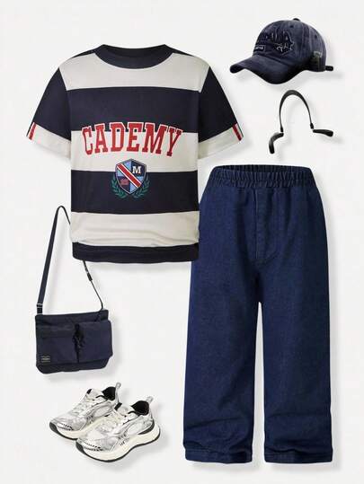 SHEIN Casuvi Kids 2 件男童休闲校园运动百搭条纹字母印花 T 恤搭配牛仔裤套装，适合各种场合、日常生活和外出