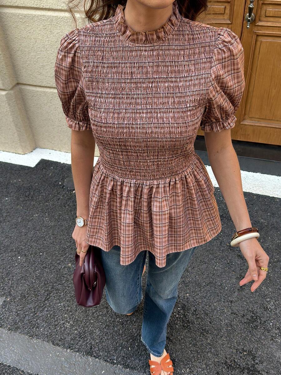 Solivie Women's Summer Short Sleeve Cable Knit Collared Shirt, Waist Cinching Plaid Blouse - Khaki - View 1