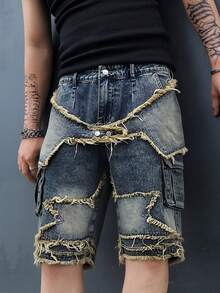 Manfinity EMRG Men's Casual Washed Frayed Hem Denim Cargo Shorts, Summer - Blue - View 3