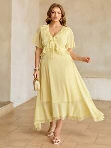 Roveilla 大码优雅简约荷叶边飘逸连衣裙，夏季 - 鵝黃色 - 查看 1