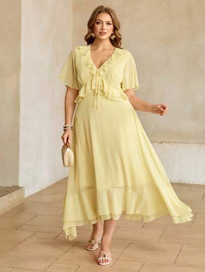 Roveilla 大码优雅简约荷叶边飘逸连衣裙，夏季