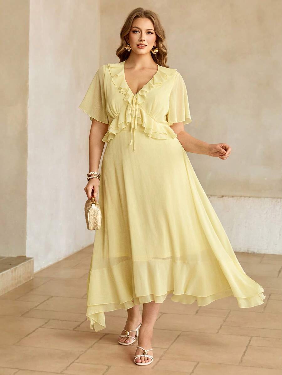 Roveilla 大码优雅简约荷叶边飘逸连衣裙，夏季 - 鵝黃色 - 查看 1