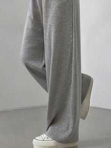 FRIFUL 女士纯色弹力腰直筒运动裤，宽松休闲百搭春季裤 - 灰色 - 查看 15